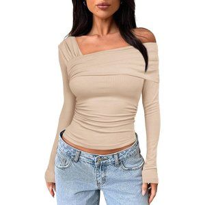 Women's One Off Shoulder Long Sleeve Going Out Tops Slim Fit Y2K Shirt Crop Top